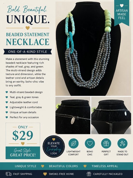 Jewelry - Boho Multi Strand Beaded Statement Necklace | Teal Green Gray Wood Artisan Adjus